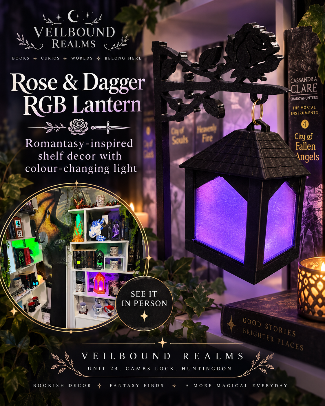 Rose & Dagger Shelf Lamp – Colour-Changing RGB Lantern Bookend