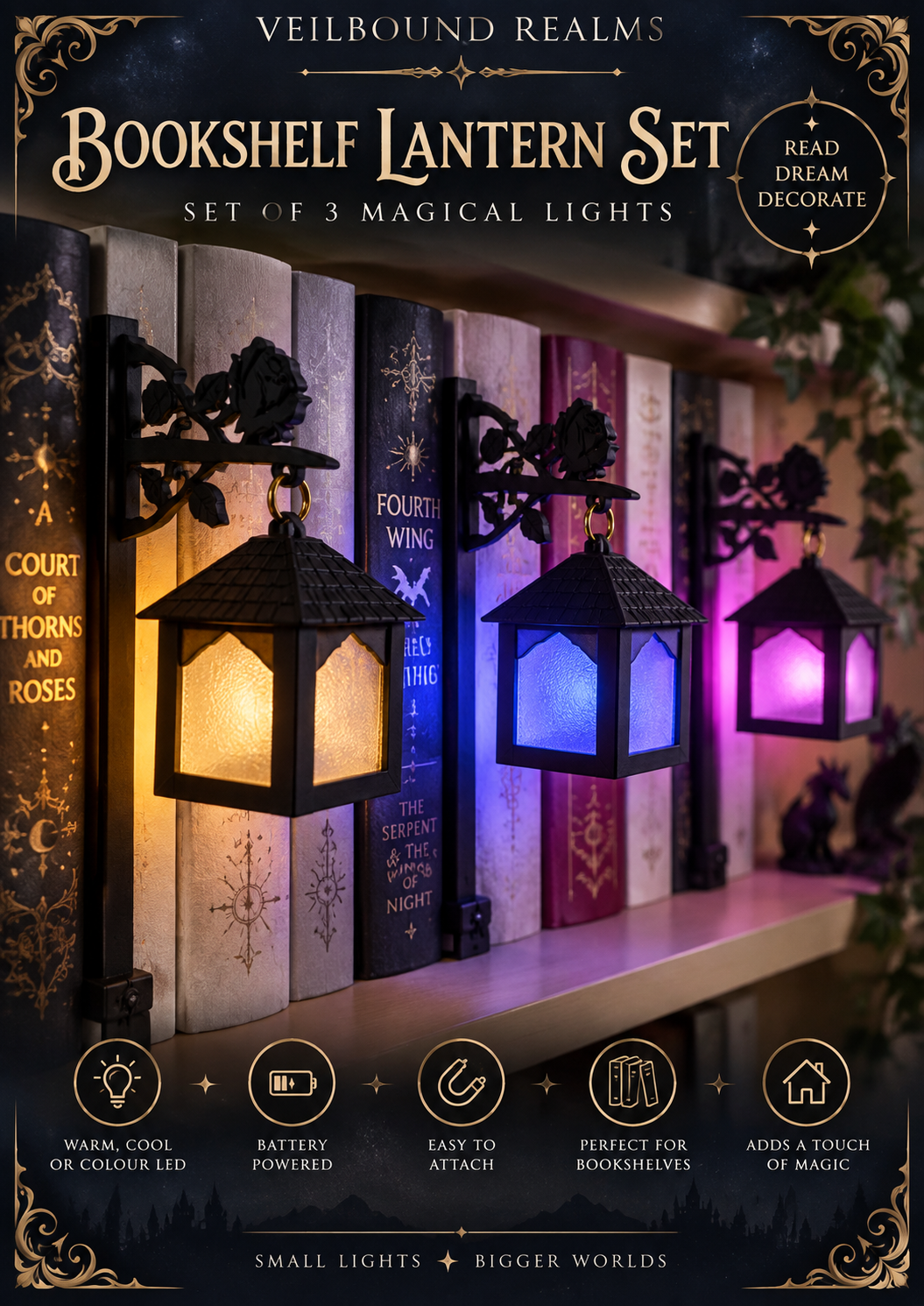 Rose & Dagger Square Shelf Lamps – Triple Pack (3 Pack)